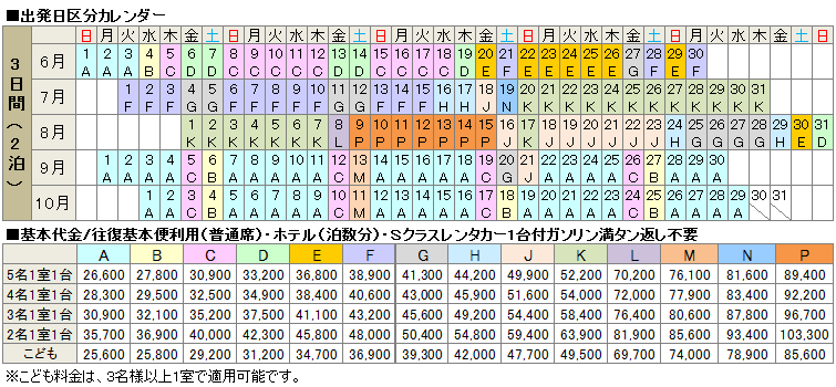 2泊3日料金表