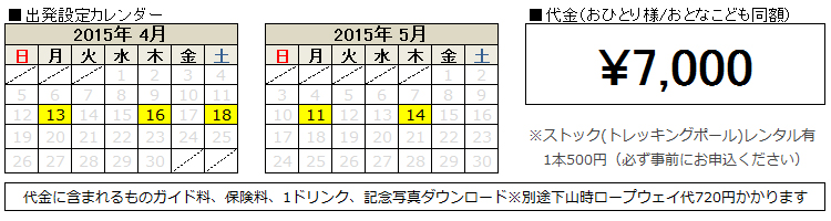 金剛山トレッキング設定日・代金