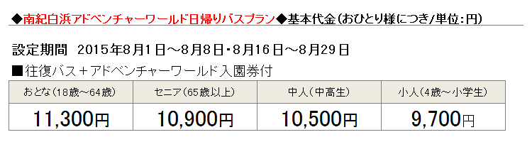 旅行代金/白浜アドベンチャーワールド/日帰り