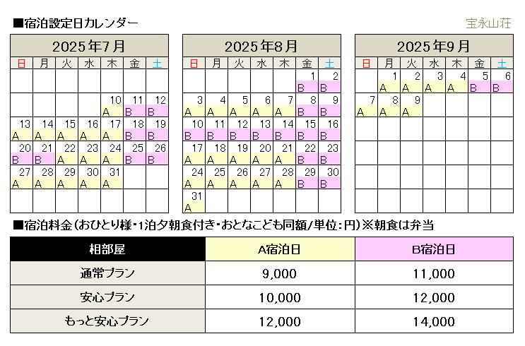 山小屋料金･オプション料金