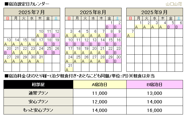 山小屋料金･オプション料金