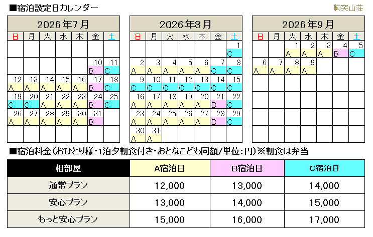 山小屋料金･オプション料金