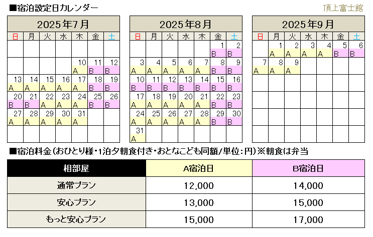 山小屋料金･オプション料金