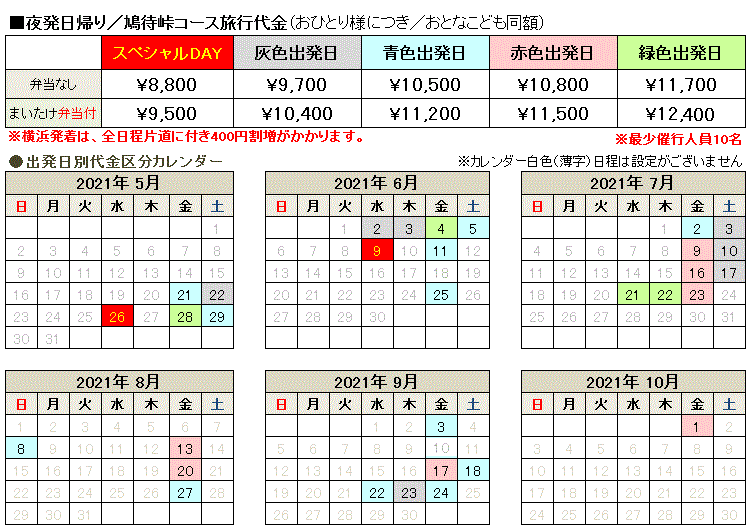 出発日カレンダー/尾瀬ハイキング・鳩待峠
