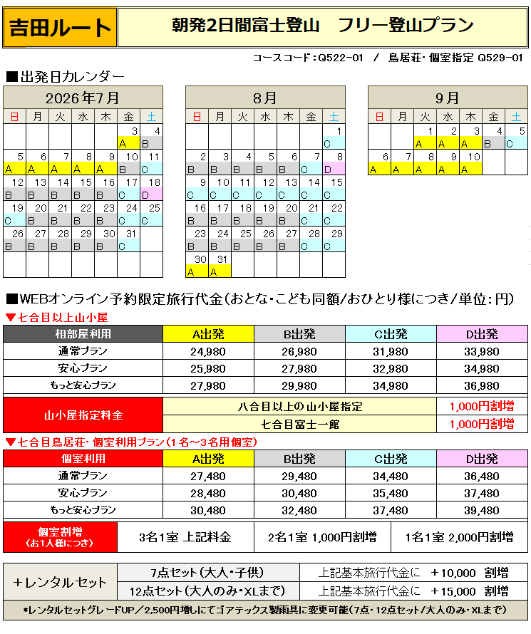 関西朝発2日間吉田ルート登山フリープラン料金