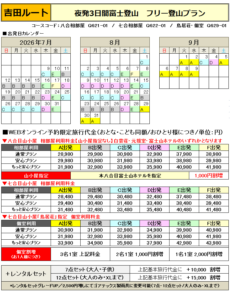 関西夜発富士登山吉田ルート登山フリープラン料金