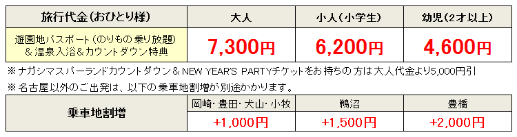 ナガシマスパーランドカウントダウン＆NYP2017料金