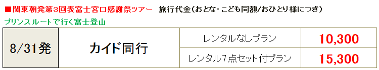 富士登山ツアー感謝祭ツアー料金
