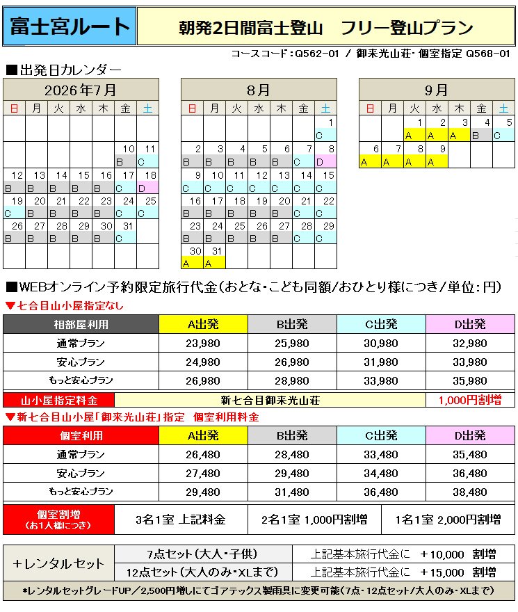 関西朝発2日間富士宮ルート登山フリープラン料金