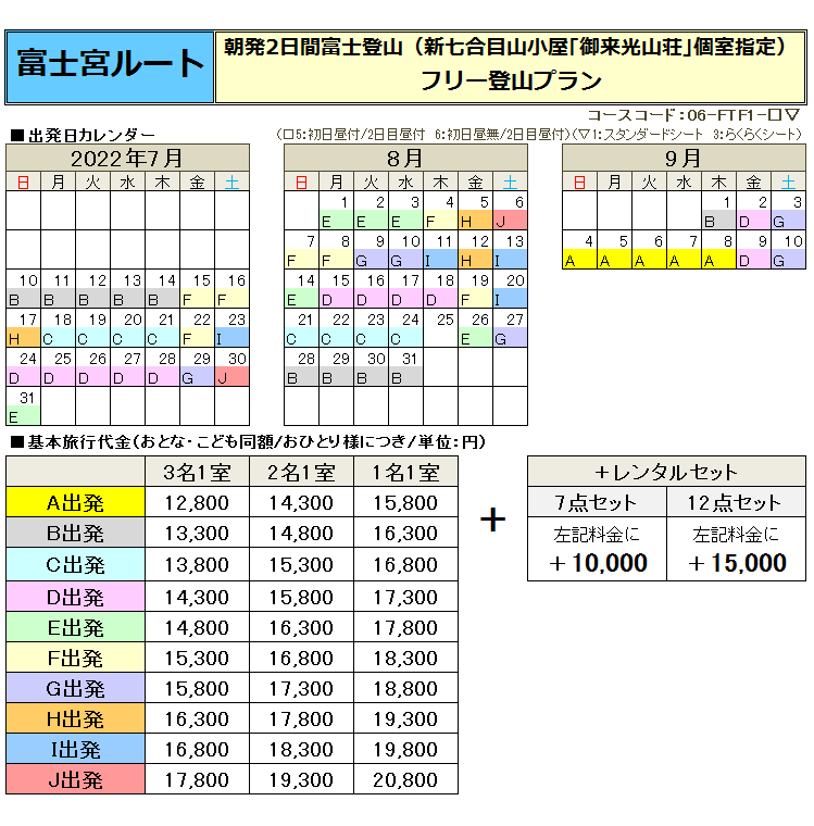東京発富士登山バスツアー個室山小屋利用フリー登山料金